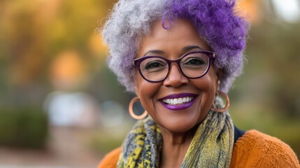 African American woman with vibrant purple hair and glasses, smiling warmly outdoors, wearing a cozy orange sweater and colorful scarf, radiating joy and confidence in a natural setting