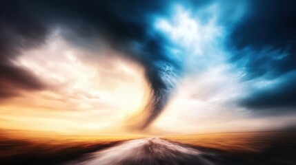 Dramatic sky showcasing a swirling storm near open fields at sunset