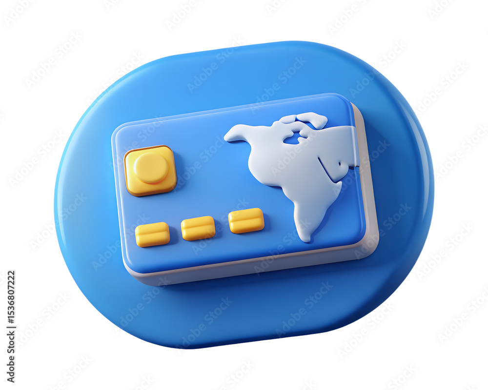 Poster a glossy 3d rendering of a stylized credit card with a world map graphic for worldwide payment optio