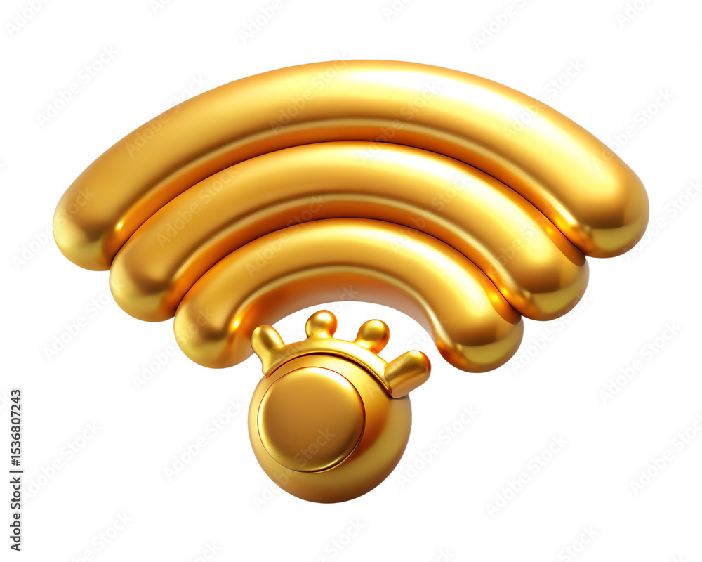 Poster a luxurious and glamorous 3d rendering of a golden wifi symbol icon isolated on transparent backgrou