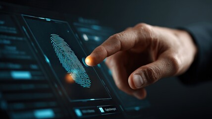 Fingerprint scanning on a futuristic interface to access secure corporate files, biometric authentication concept.