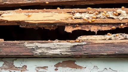 Detailed macro view of rotten wood severely damaged by termites, showing insect infestation, structural decay, hollowed textures, destructive nesting patterns caused by persistent wood-eating behavior