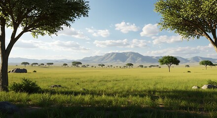 Serene African Savanna Landscape Golden Grasslands Under a Sunny Sky