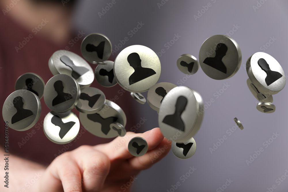 Poster image of a hand interacting with floating profile icons, representing social media, networking, or c