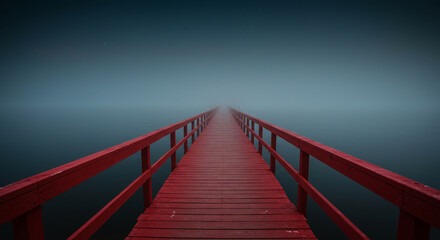 Obraz premium Red wooden bridge extends into the fog on water creating a mysterious and aesthetic scene