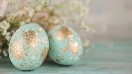 Decorative turquoise Easter eggs with gold accents on a soft background