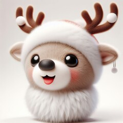 3D realistic adorable fluffy funny reindeer expression on a white background, Christmas theme