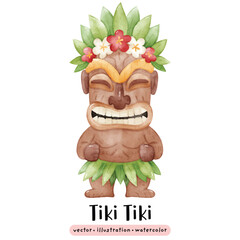 Hawaii Tiki wooden statue in watercolor style tribal vector illustration © Saltyarts design