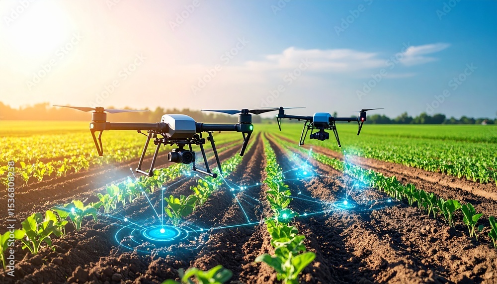 Poster autonomous agricultural drone performing soil analysis using ground-penetrating sensors in field