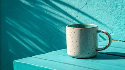 Speckled Ceramic Coffee Mug on Turquoise Table Morning Light and Palm Shadows Create Coastal Aesthetic for Beverage or Lifestyle Scene