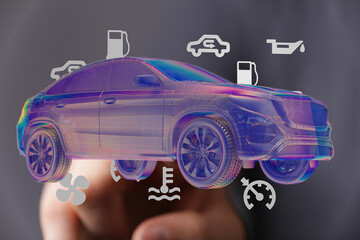 Interactive 3D model showing car maintenance indicators.  Perfect for auto repair, service, and...