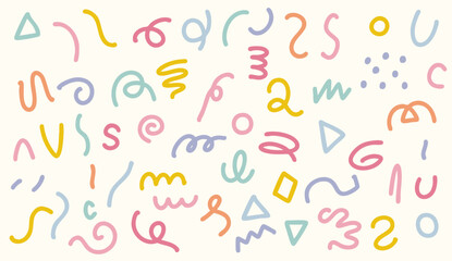 手描き風の抽象記号＆幾何学模様のラインアート イラストセット　ベクター　カラー