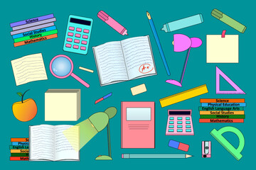 Back to school theme set with books, notebooks, calculators, pencils, vintage fountain pen, markers, desk lamp, note sheets, rulers, erasers, and magnifying glass. Stationery and supplies collection.