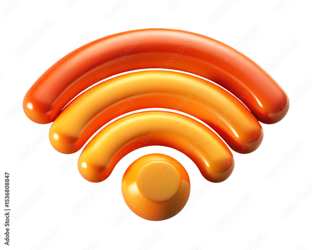 Poster a vibrant and polished 3d rendering of a wireless internet or wifi signal icon in orange hues isolat