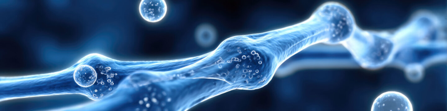 Striking Visual Representation of Human Bone Marrow: Modern Abstract Design with Gradient Blue Background and Glowing Transparent Circles. Professional Illustration for Medical, Healthcare, and Rehabi