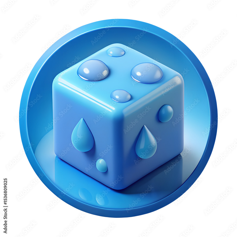 Poster a visually striking 3d rendering showcasing a glossy blue cube adorned with water droplets inside a 