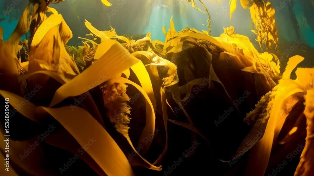 Aufkleber sunlight filters through a dense kelp forest creating a unique underwater seascape environment.