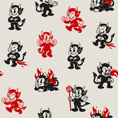 Cute little happy Devils. Funny black, red characters with fire, flame, trident. Different poses. Hand drawn Vector illustration. Halloween, retro, vintage, cartoon mascot concept. Seamless Pattern