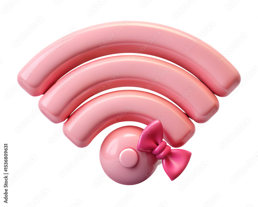 Poster adorable pink 3d rendering of a wifi signal with a bowknot ornament and a plastic-style icon isolate