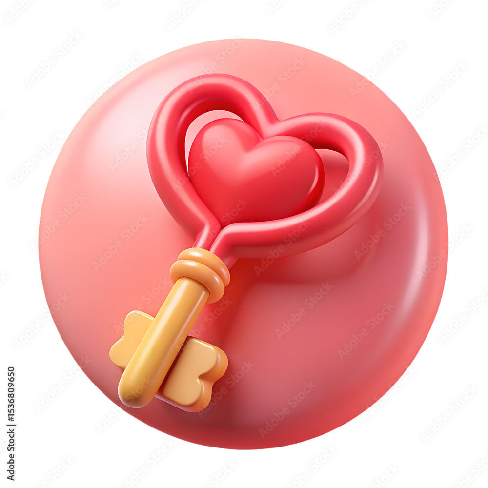 Poster an elegant 3d rendering featuring a heart-shaped key design isolated on a transparent background, pe