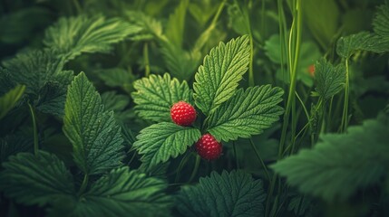 Close-up of vibrant red berries nestled amidst lush green leaves.