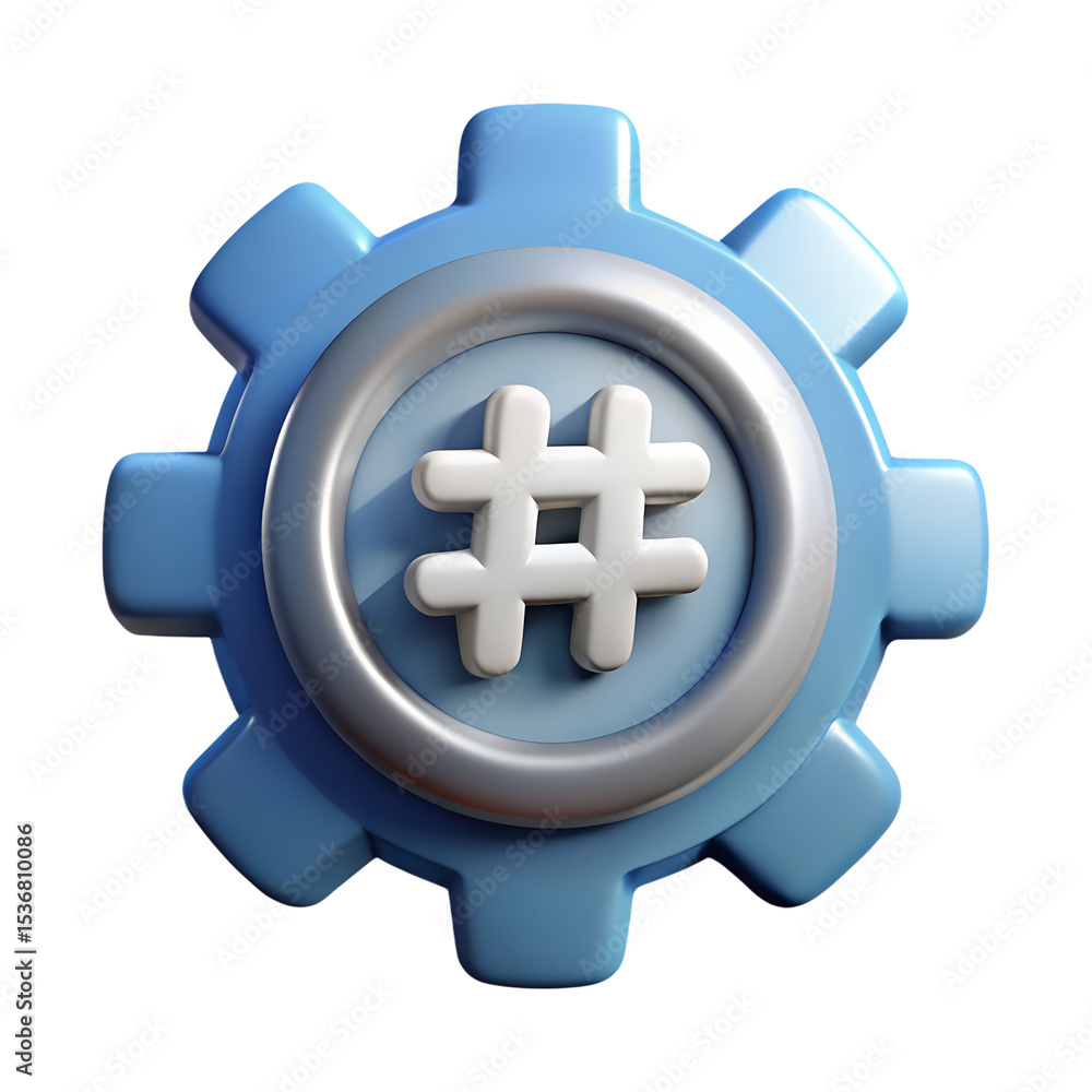 Poster blue gear with hashtag symbol within a circular frame rendered in a 3d style representing settings a