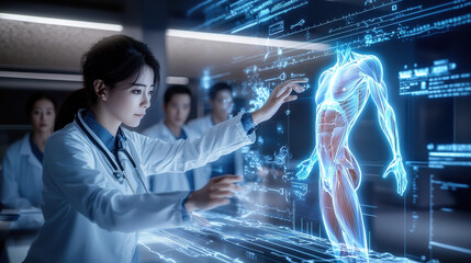 Medical professional interacts with holographic projection of human body, showcasing anatomical details and data analysis. scene conveys sense of innovation and advanced technology in healthcare