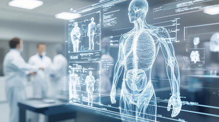 Digital twin of patient body is displayed in medical environment, showcasing advanced technology and healthcare innovation. scene captures essence of modern medicine and patient care