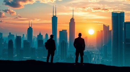 People and network, silhouette of people looking at a city to learn more about business