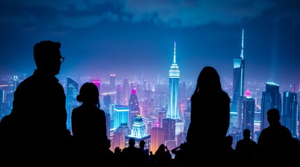 People and network, silhouette of people looking at a city to learn more about business