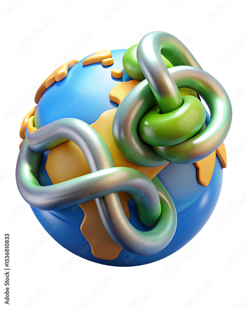 Poster conceptual 3d rendering of the earth encircled by a shiny chain representing global connection in a 
