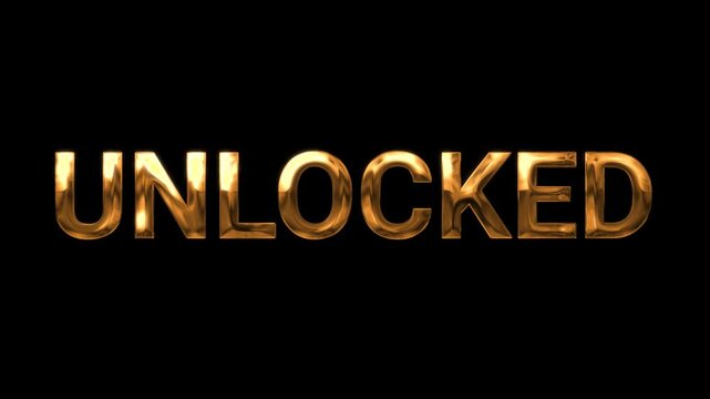 Unlocked gold text animation on black background used for success rewards or celebratory visuals in gaming and entertainment design concepts.