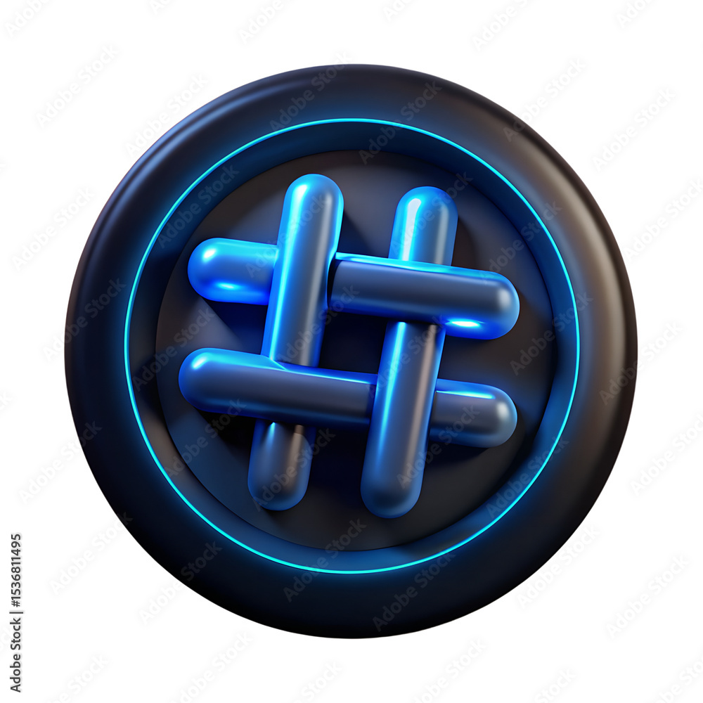 Poster futuristic 3d rendering of a blue hashtag icon enclosed in a circular frame ideal for social media c