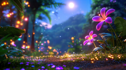 Vibrant enchanted forest scene featuring glowing flowers and sparkling lights, creating magical atmosphere. lush greenery and soft light evoke sense of wonder and tranquility