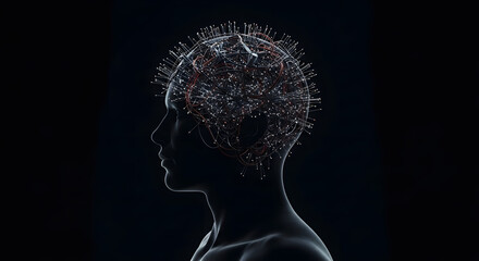 Obraz premium Human silhouette with tangled wires inside the head, representing anxiety and mental overload