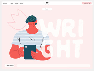 Writing people, modern flat vector concept illustration- standing man thoughtfully writing on tablet, bubble near head Metaphor for reflection, personal insight, contemplation, creative expression