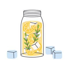 Cold refreshing lemonade mason jar with lemon slices, ice cube, vector illustration icon