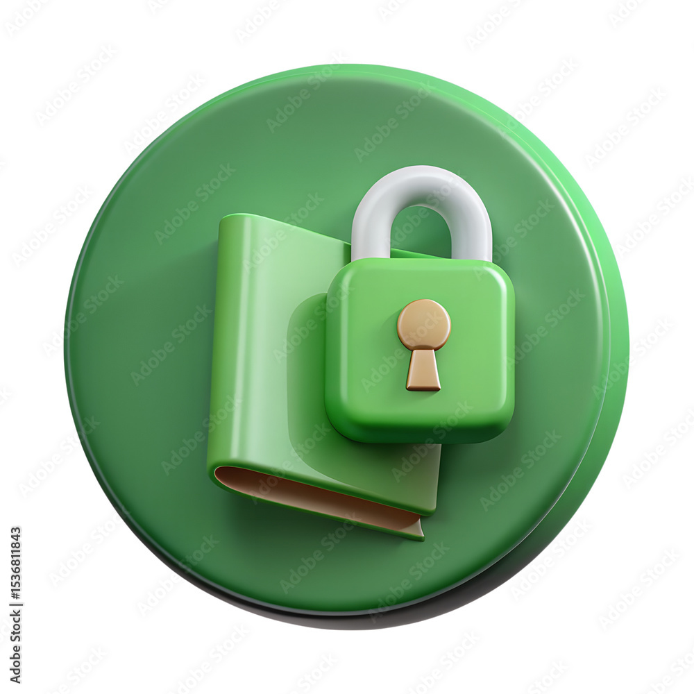 Poster green 3d rendering icon of a closed book secured with a padlock representing data security and priva