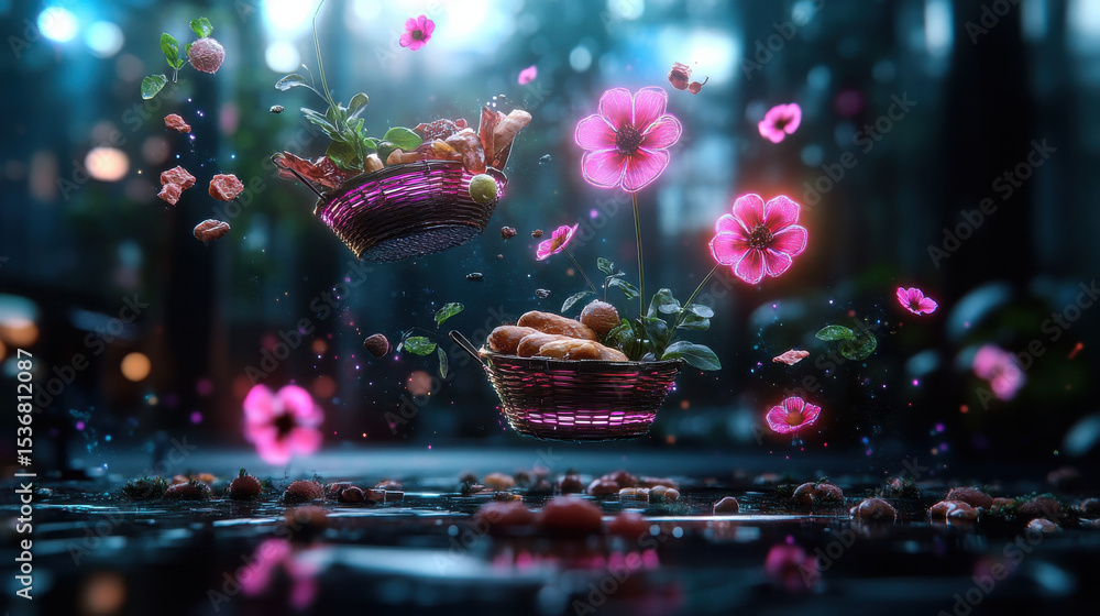 Poster vibrant scene featuring floating baskets filled with colorful flowers and snacks, surrounded by myst