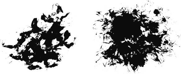 Artistic black ink grunge brush stroke striped round smears with spray texture. Expressive set of dark isolated textured splash shape for frame design, background, shadow, paw silhouette © Tatahnka