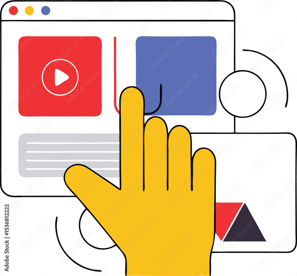 Poster abstract digital design featuring hand interacting with online interface elements