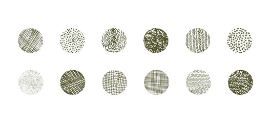 Set of isolated vector green grunge wavy, hitting and stroking textured ink pen round shapes. Unique squiggle scratched hand drawn curve texture circles collection for graphic design, patterns