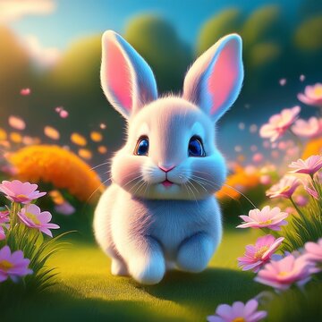 Hoppelndes Shibi-Hasenbaby mit Blume