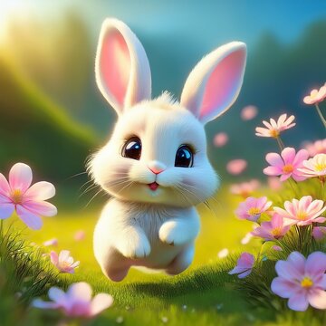 Hoppelndes Shibi-Hasenbaby mit Blume