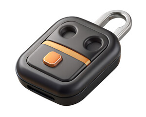 Modern black key fob with orange button and metallic accents against a transparent background