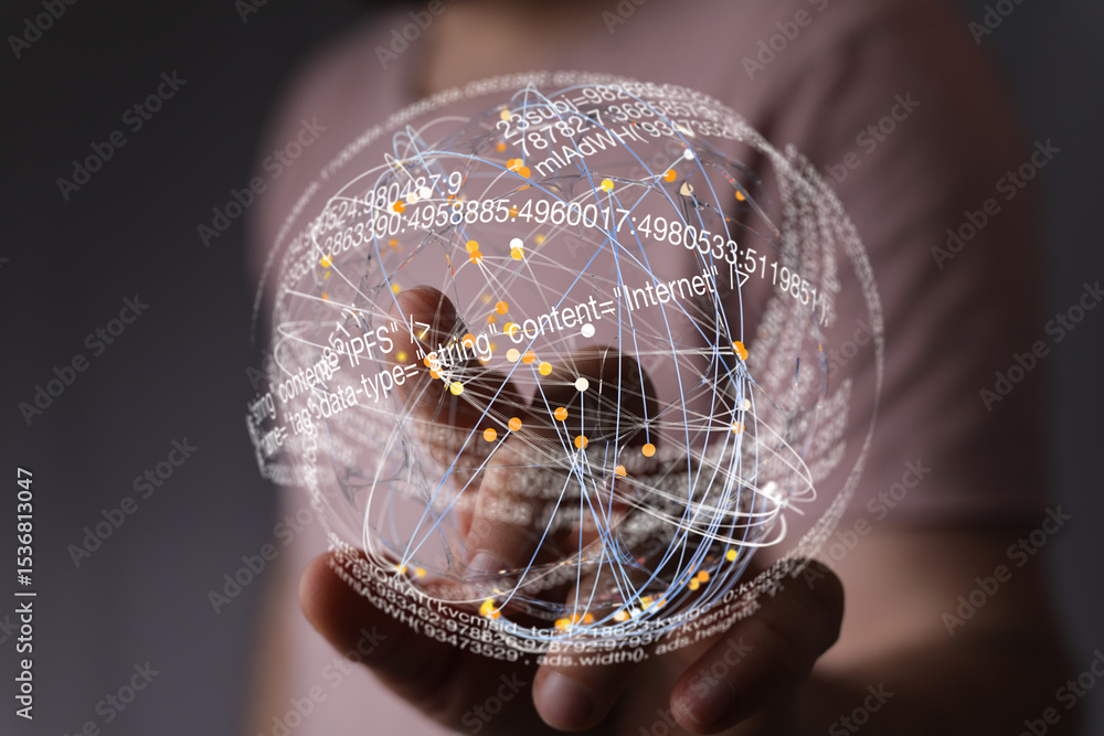 Poster Close-up of a hand interacting with a holographic globe displaying data streams and connections.