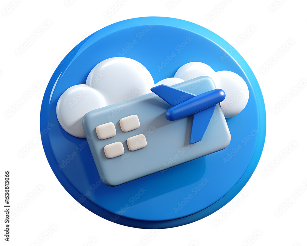 Poster playful 3d rendering of an airplane ticket with clouds representing travel and journey concepts, iso