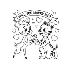 Will you marry me tiger proposing to deer with heart ring romantic cartoon coloring page for kids