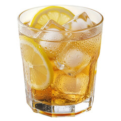 Iced drink with lemon slices in a glass with condensation on transparent background
