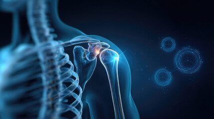 Striking Visual Representation of Human Shoulder and Neck Joints: Modern Abstract Design with Gradient Blue Background and Glowing Transparent Circles. Professional Illustration for Medical, Healthcar